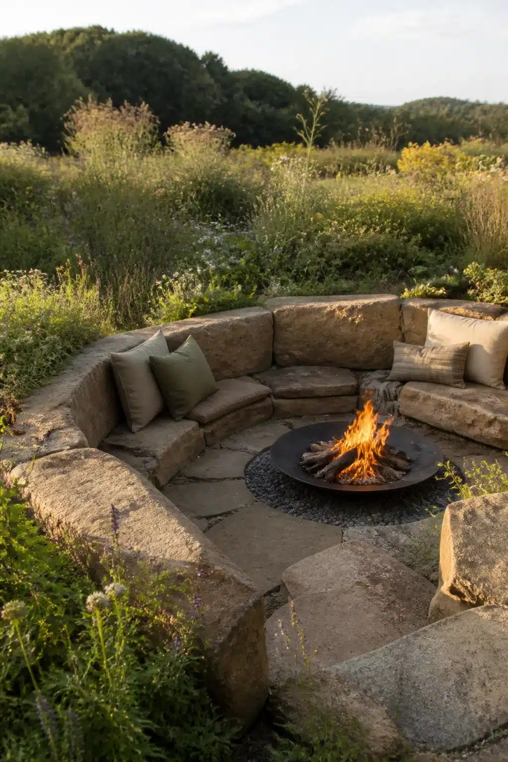 Curved sandstone sunken fire pit with boulder seating walls, lit fire bowl, and wild meadow garden backdrop.