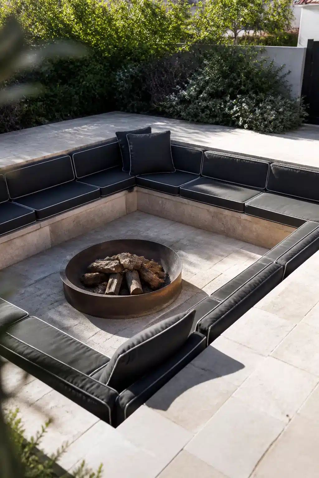 Sunken square fire pit with charcoal grey piped cushions on built-in stone bench seating, limestone patio.