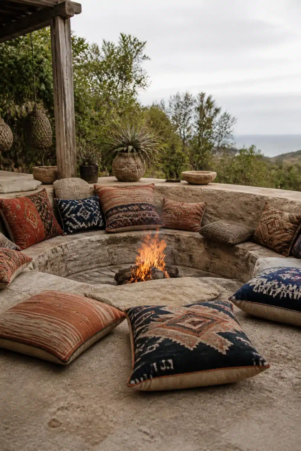 Circular sunken stone fire pit surrounded by layered bohemian kilim floor cushions in an outdoor seating area.