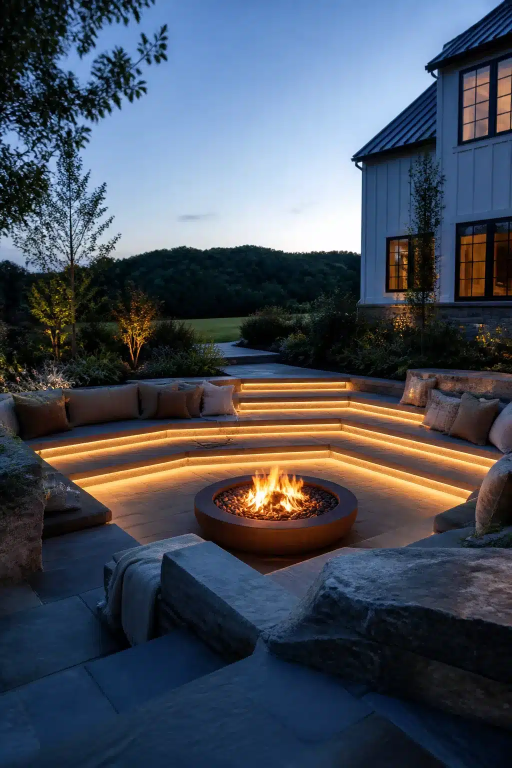 Sunken fire pit with recessed LED strip lighting under curved bench steps at dusk in a backyard.
