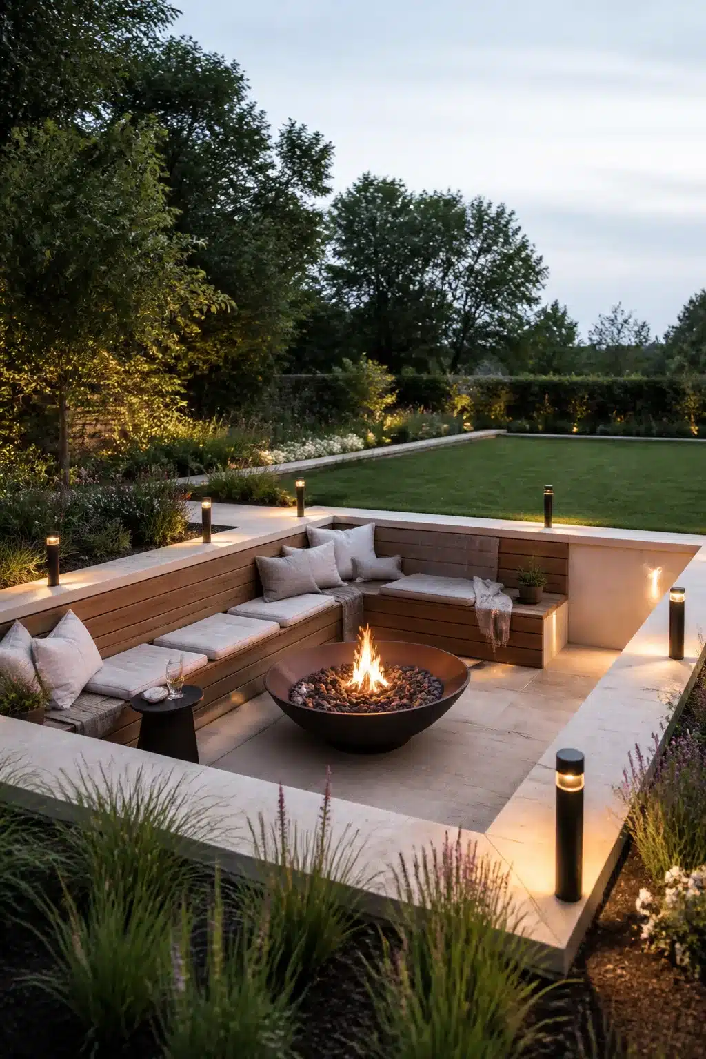 Sunken fire pit with bronze bollard perimeter lighting and timber built-in seating at dusk.