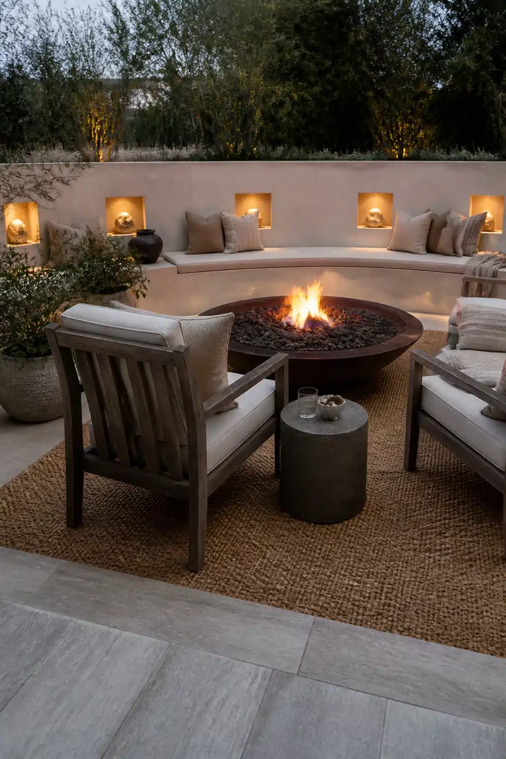 Sunken fire pit with recessed niche wall lighting and curved built-in bench seating at dusk.