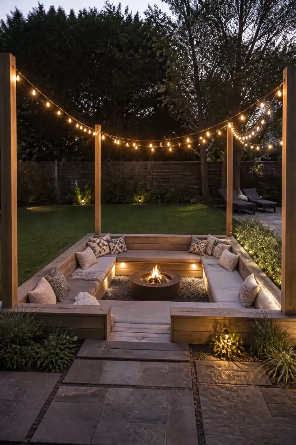 Sunken fire pit with festoon lights overhead, recessed timber bench seating, and under-bench LED lighting at dusk.