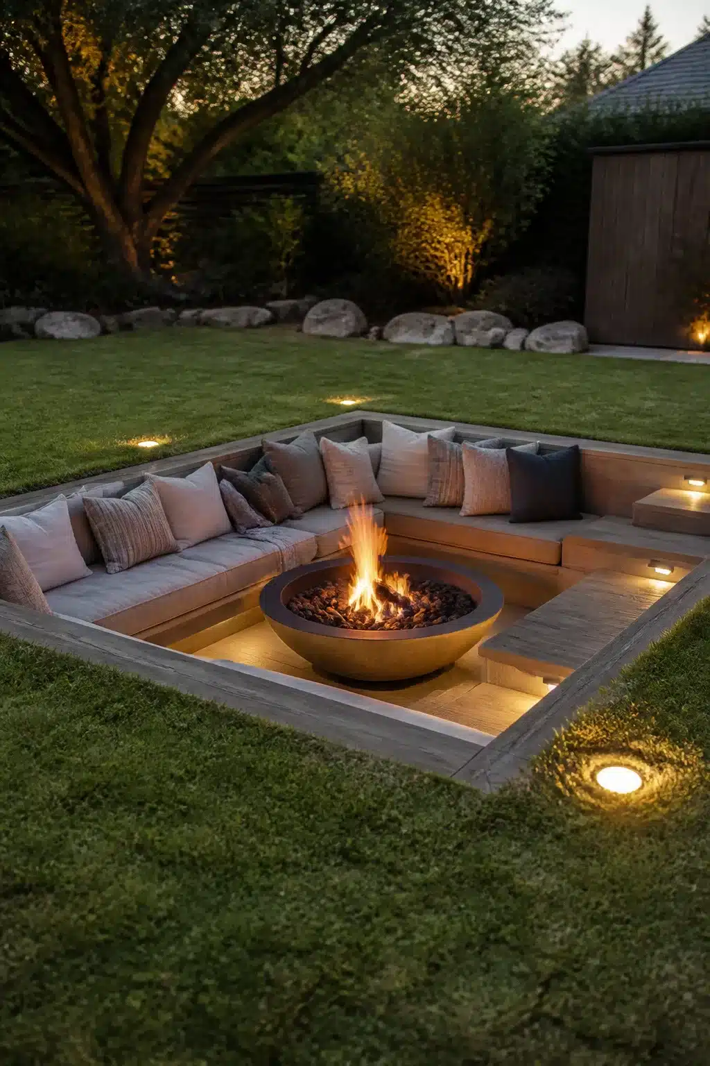 Sunken fire pit with flush ground spotlights, built-in bench lighting, and recessed seating area at dusk.