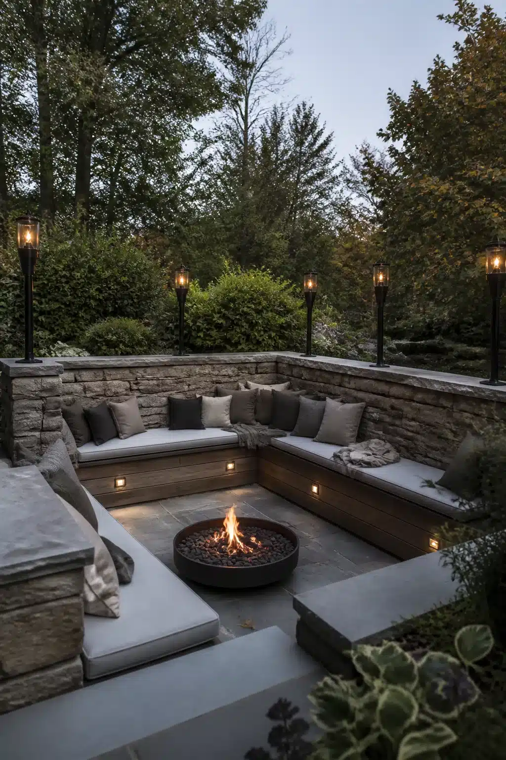 Sunken fire pit seating area at dusk with torch pillar lights on stone retaining walls and recessed bench lighting.