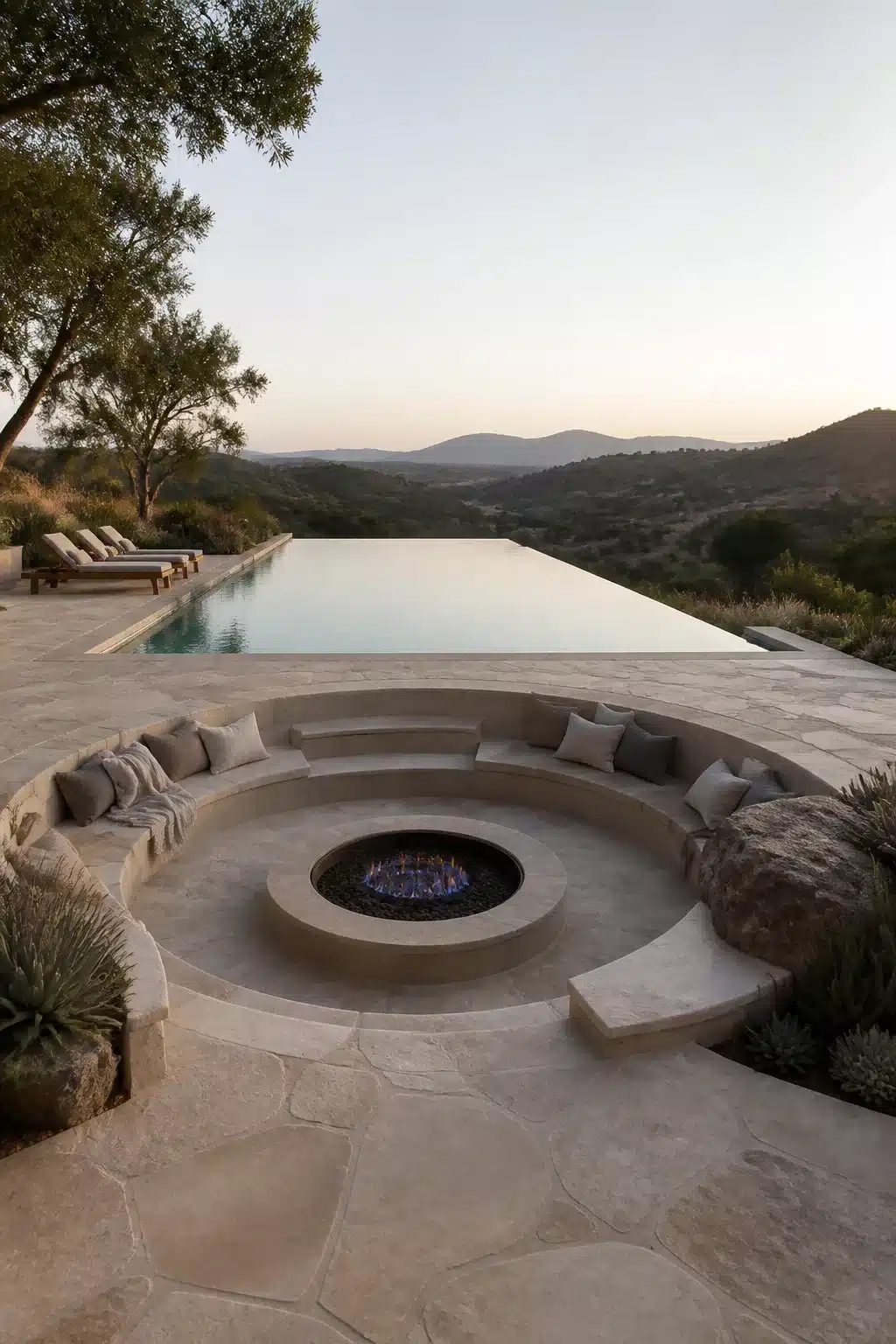 Sunken circular fire pit with curved stone bench beside an infinity pool overlooking mountain landscape at dusk.