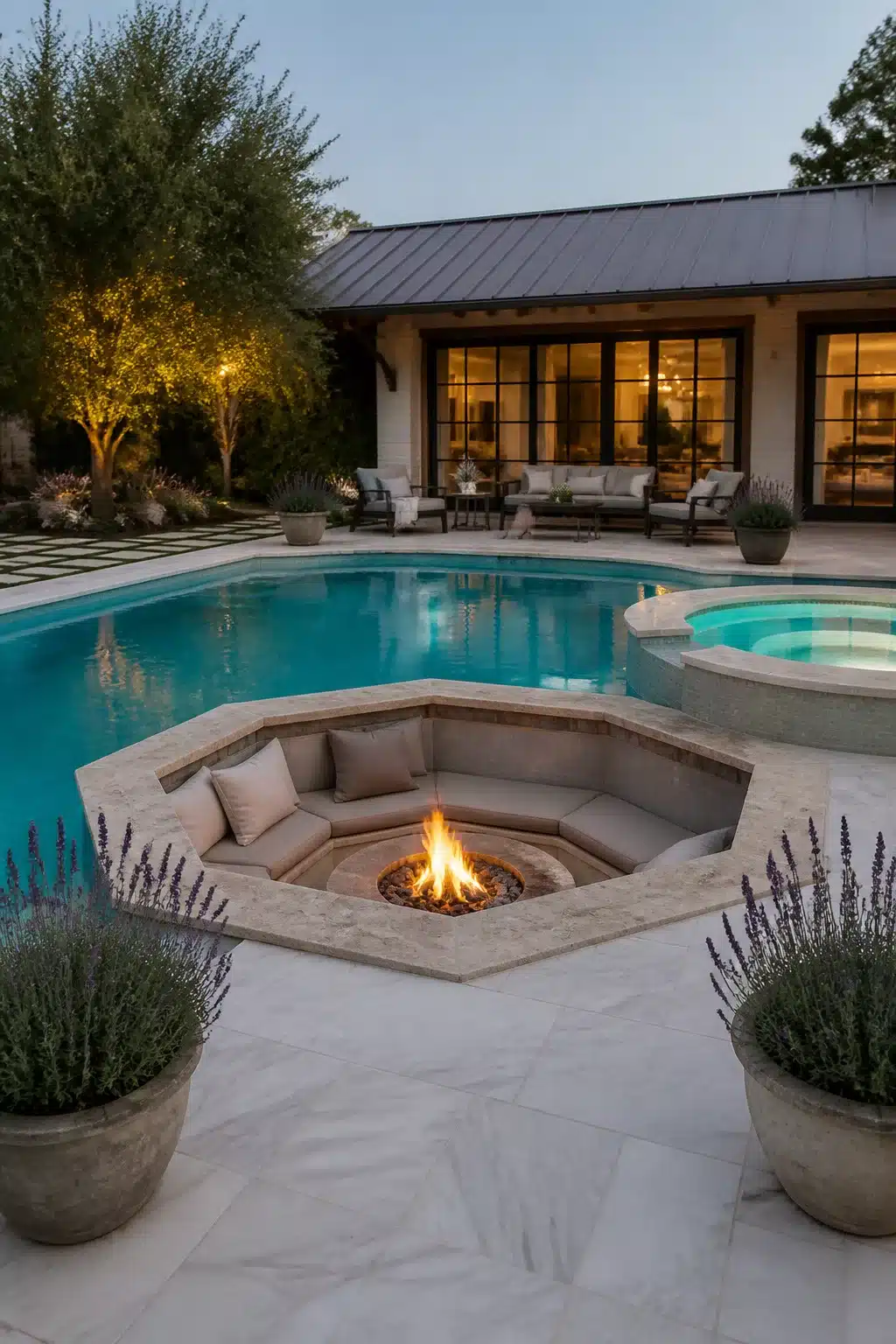Sunken octagonal fire pit with cushioned seating beside a pool and spa at dusk, flanked by potted lavender.