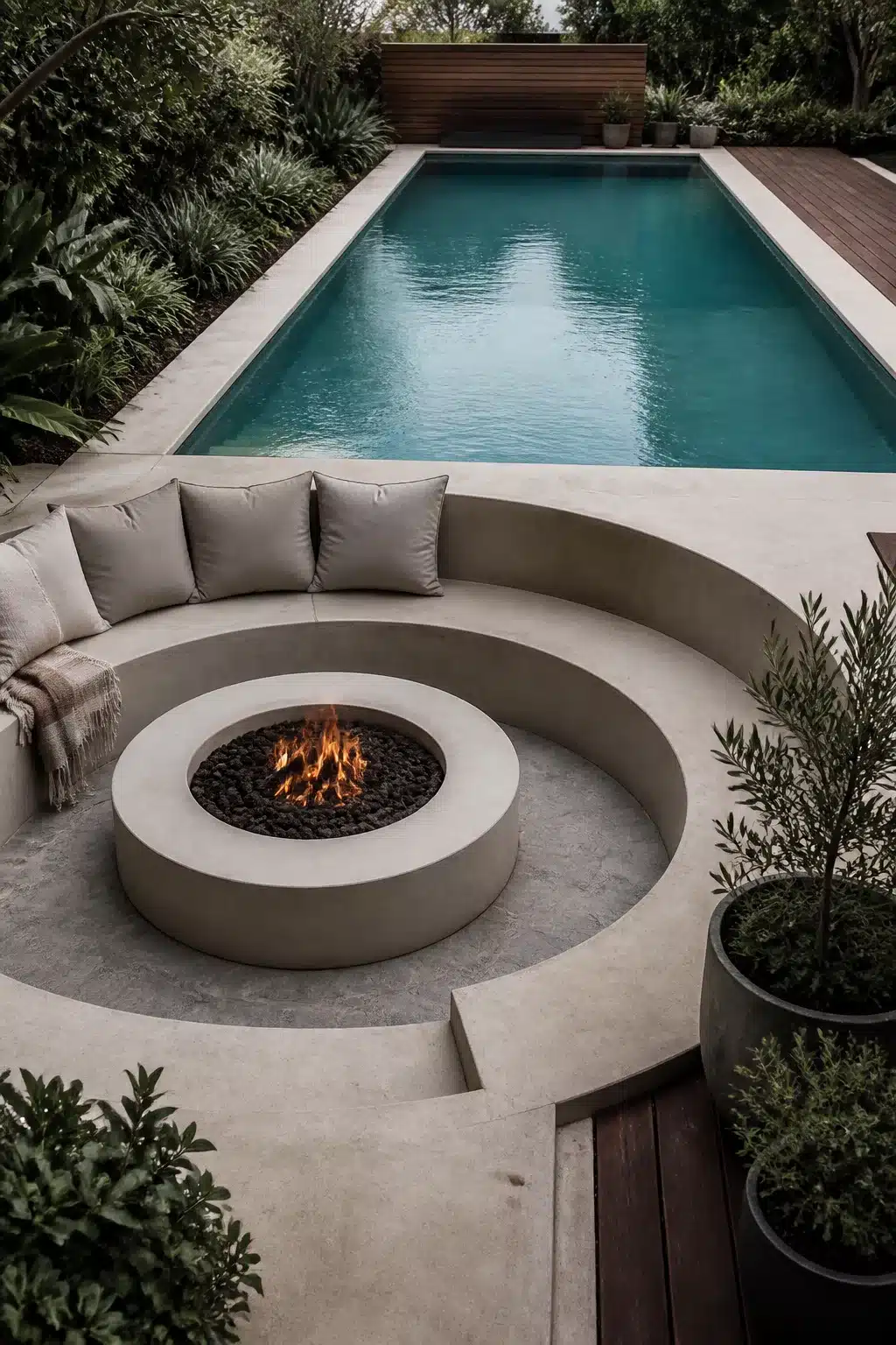 Sunken circular concrete fire pit with built-in bench seating beside a minimalist lap pool and lush garden.