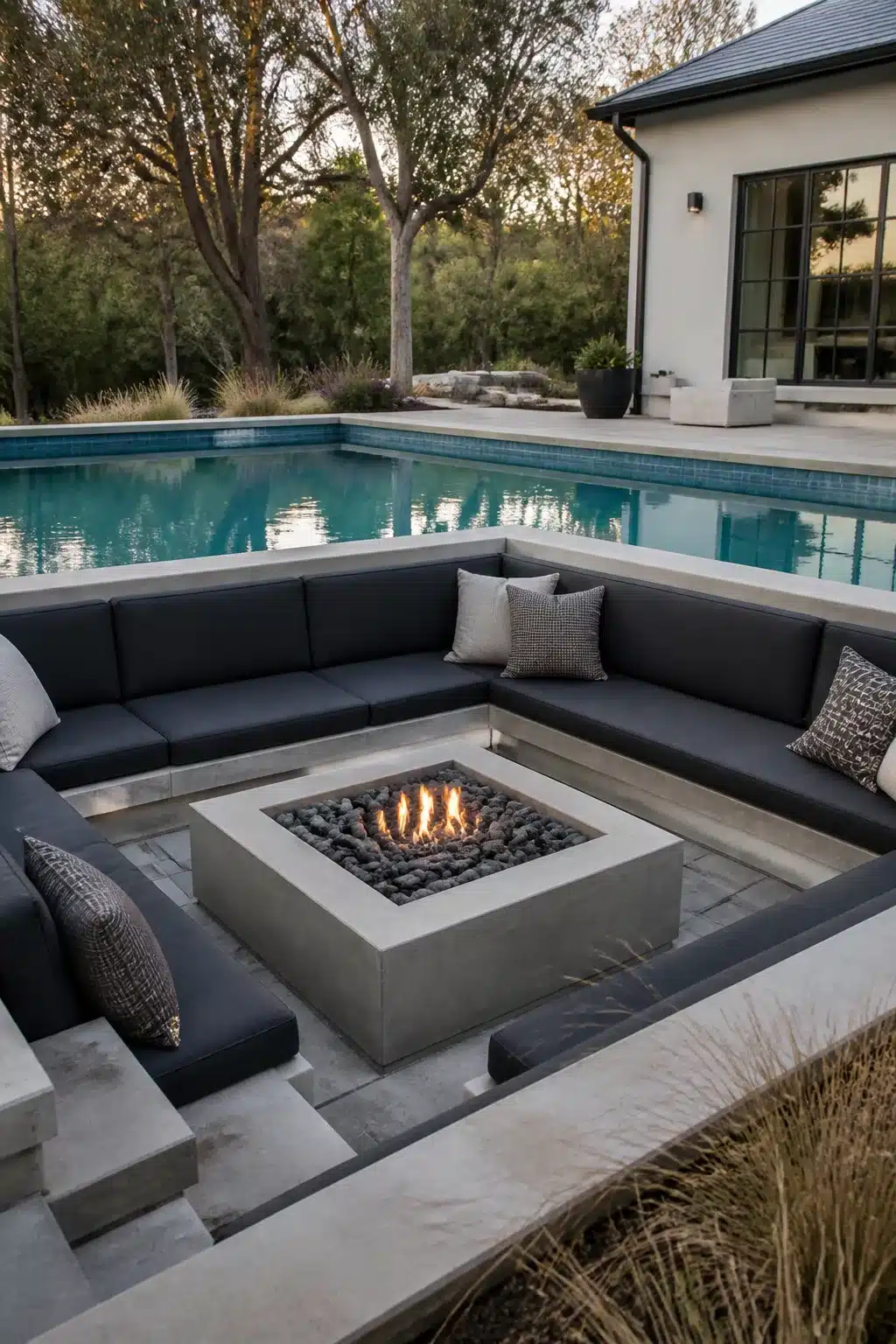 Sunken concrete fire pit lounge with black cushions and gas flames beside a rectangular backyard pool.