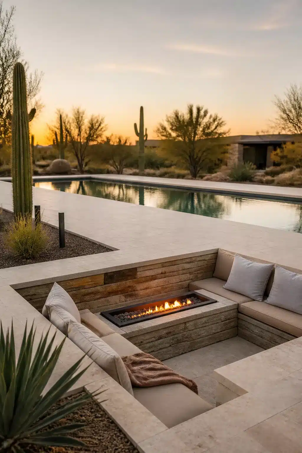 Sunken fire pit lounge with linear gas fire beside a desert infinity pool at sunset.