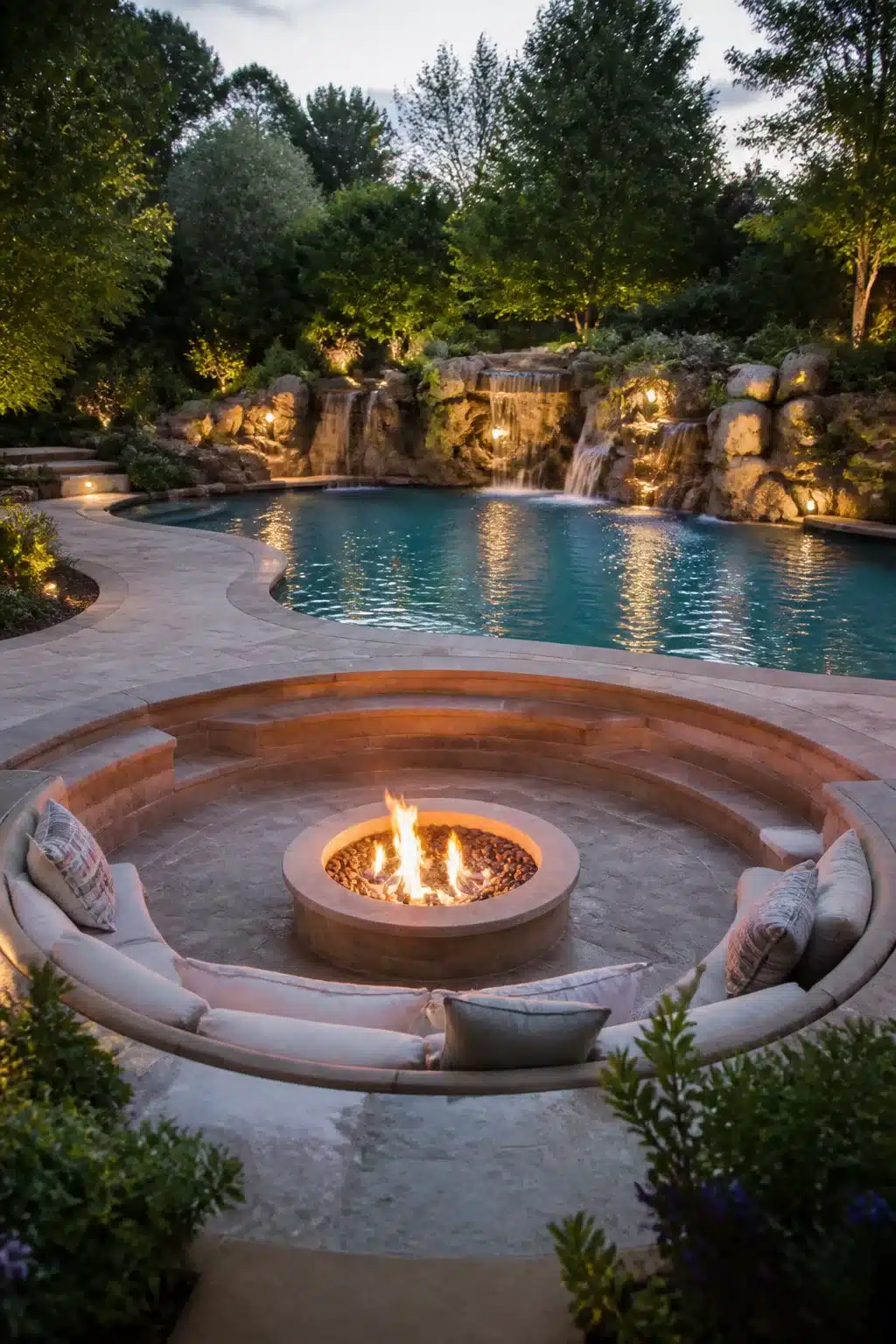 Sunken circular fire pit with curved seating beside a freeform pool with rock waterfalls at dusk.