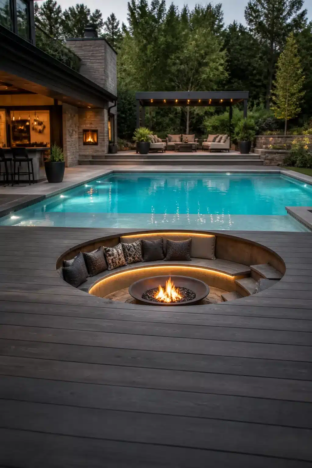 Sunken circular fire pit with bench seating cut into gray deck beside a glowing outdoor pool at dusk.