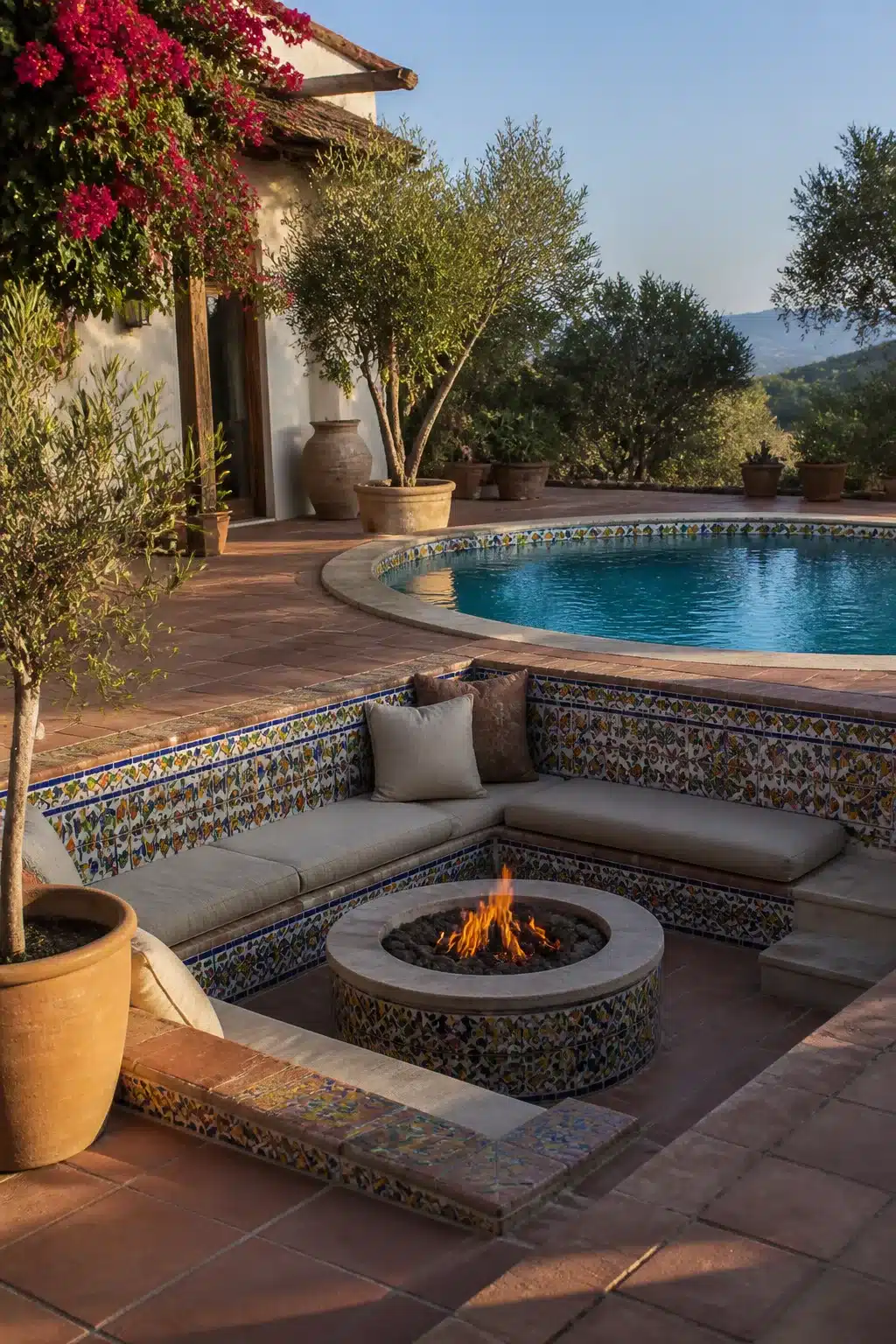 Sunken fire pit with mosaic tiles and wraparound bench beside a curved pool in a Mediterranean garden.