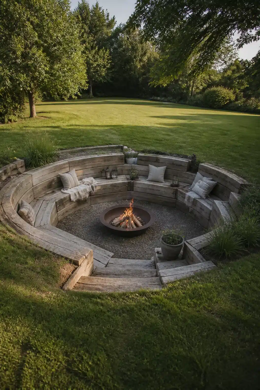 Sunken circular fire pit edged with stacked railway sleepers and built-in bench seating in a lush garden.