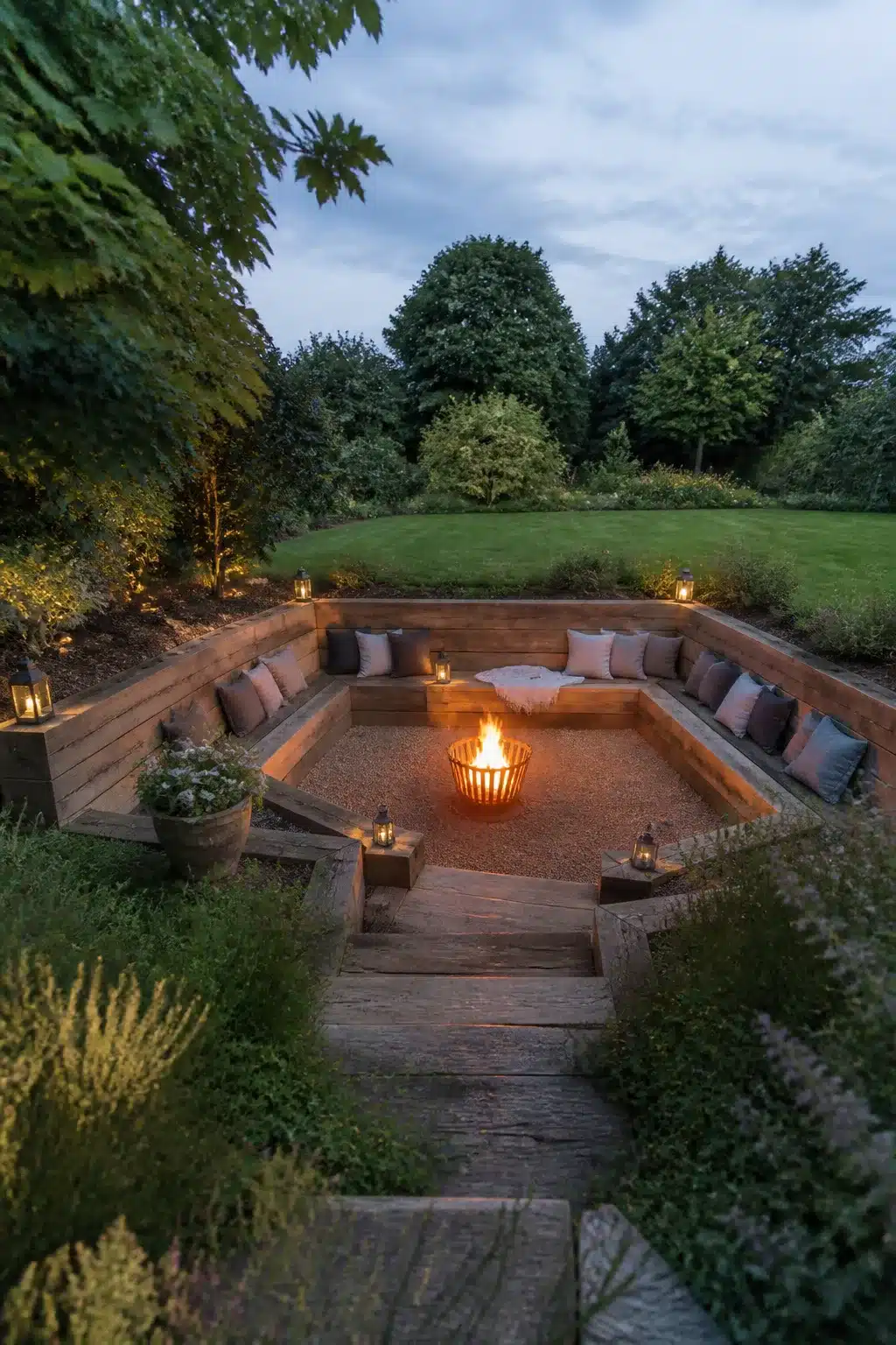 Sunken garden fire pit built with railway sleepers, gravel floor, wraparound bench seating, lit at dusk.