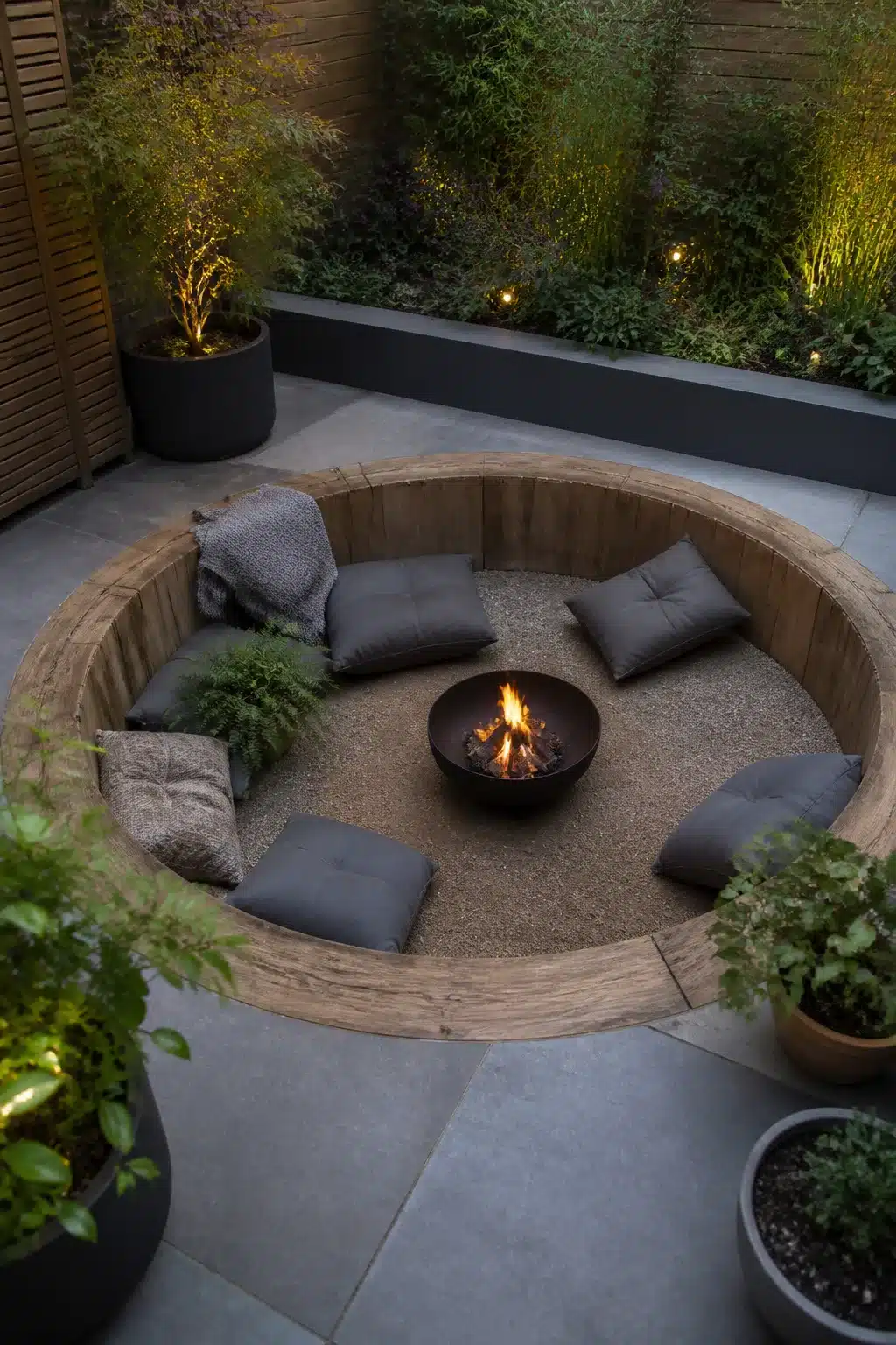 Sunken circular fire pit with timber sleeper edging, grey cushions and central steel bowl in compact urban garden.