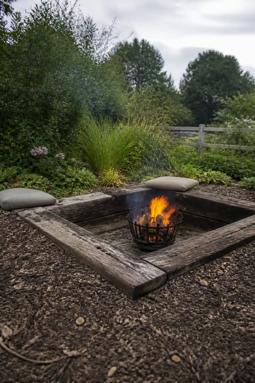 Sunken fire pit framed by reclaimed railway sleepers with a wire basket fire bowl in a garden setting.
