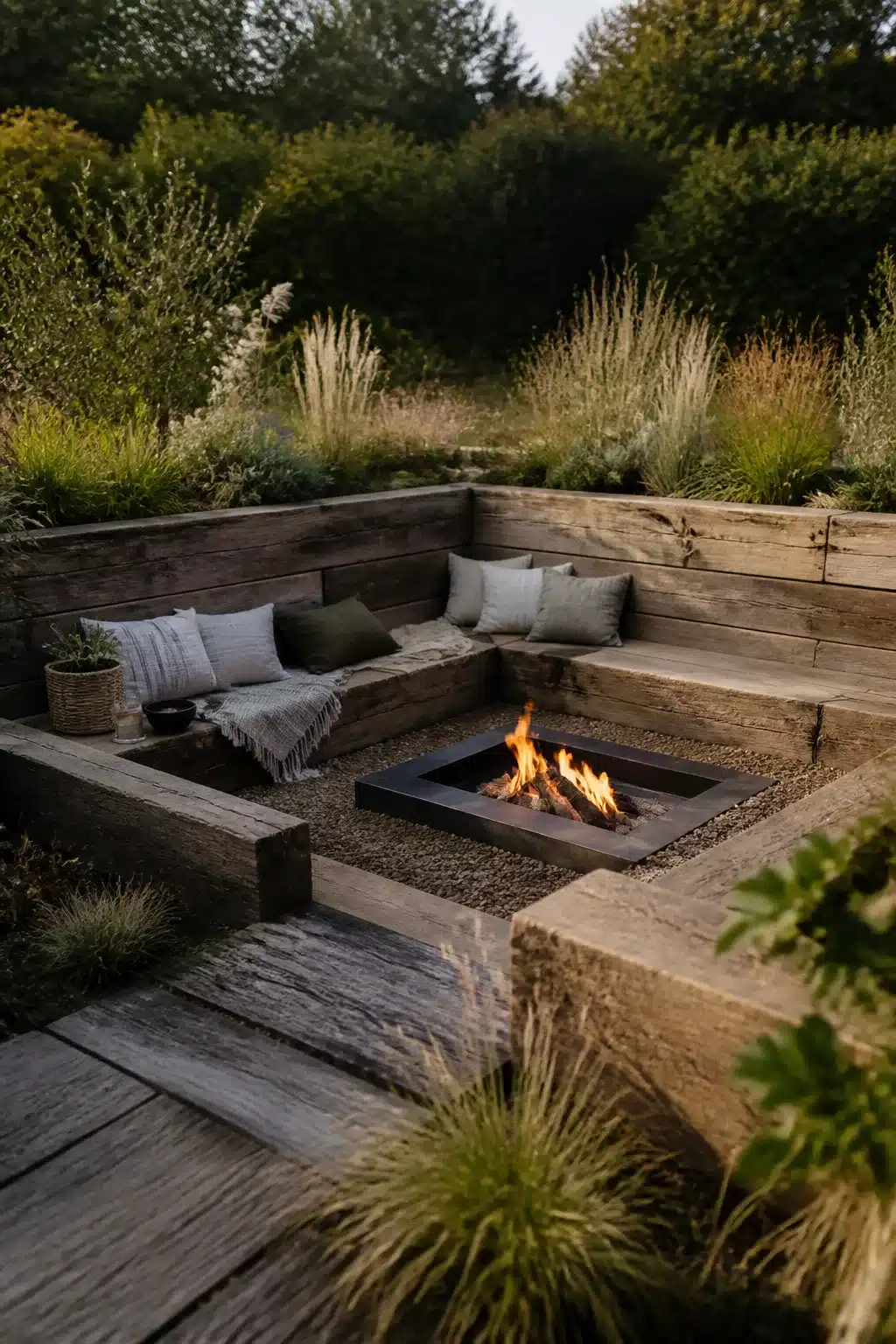 Sunken fire pit surrounded by reclaimed timber sleepers with lush ornamental grass borders in a garden setting.