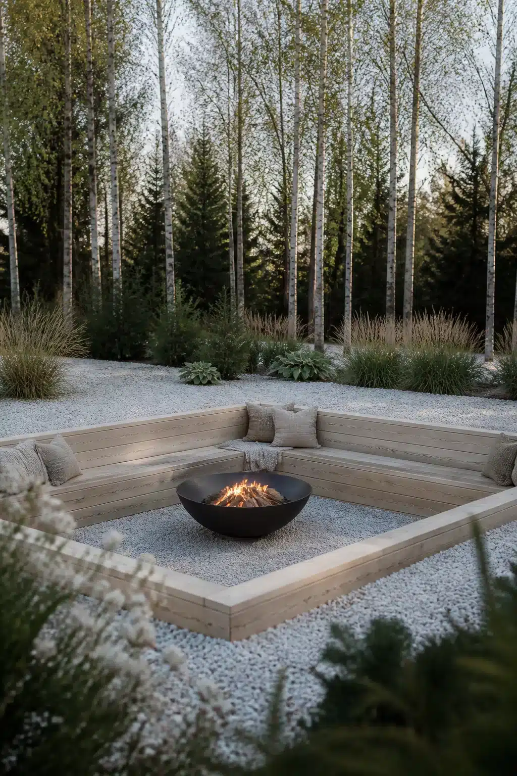 Sunken square fire pit with pale timber sleepers and central bowl fire, surrounded by gravel and birch trees.