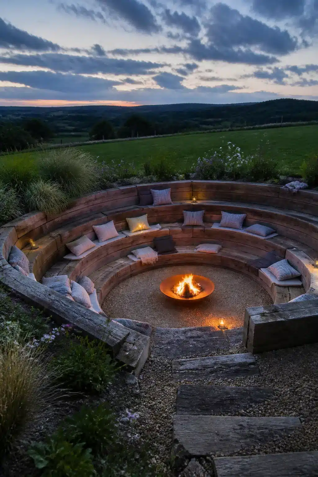 Sunken circular fire pit with reclaimed timber sleepers, cushioned seating, and gravel floor at dusk in a rural garden.