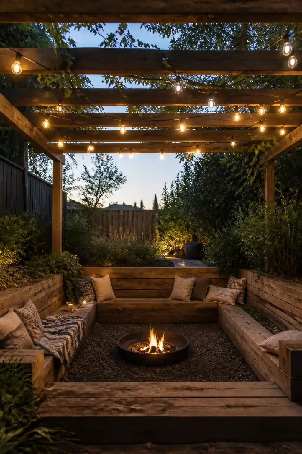 Sunken fire pit with railway sleeper seating, overhead pergola, string lights, and lush garden planting at dusk.
