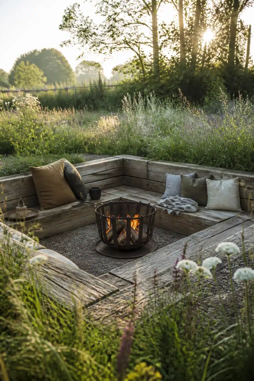 Sunken fire pit with reclaimed timber sleepers surrounded by wild meadow planting at golden hour.