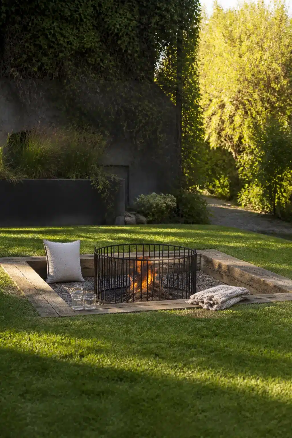 Sunken fire pit with railway sleeper surround set into a green lawn in a landscaped garden.