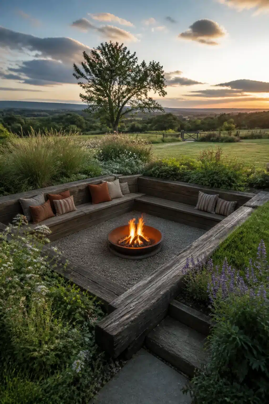 Sunken square fire pit with reclaimed sleeper walls and gravel floor at sunset in a countryside garden.