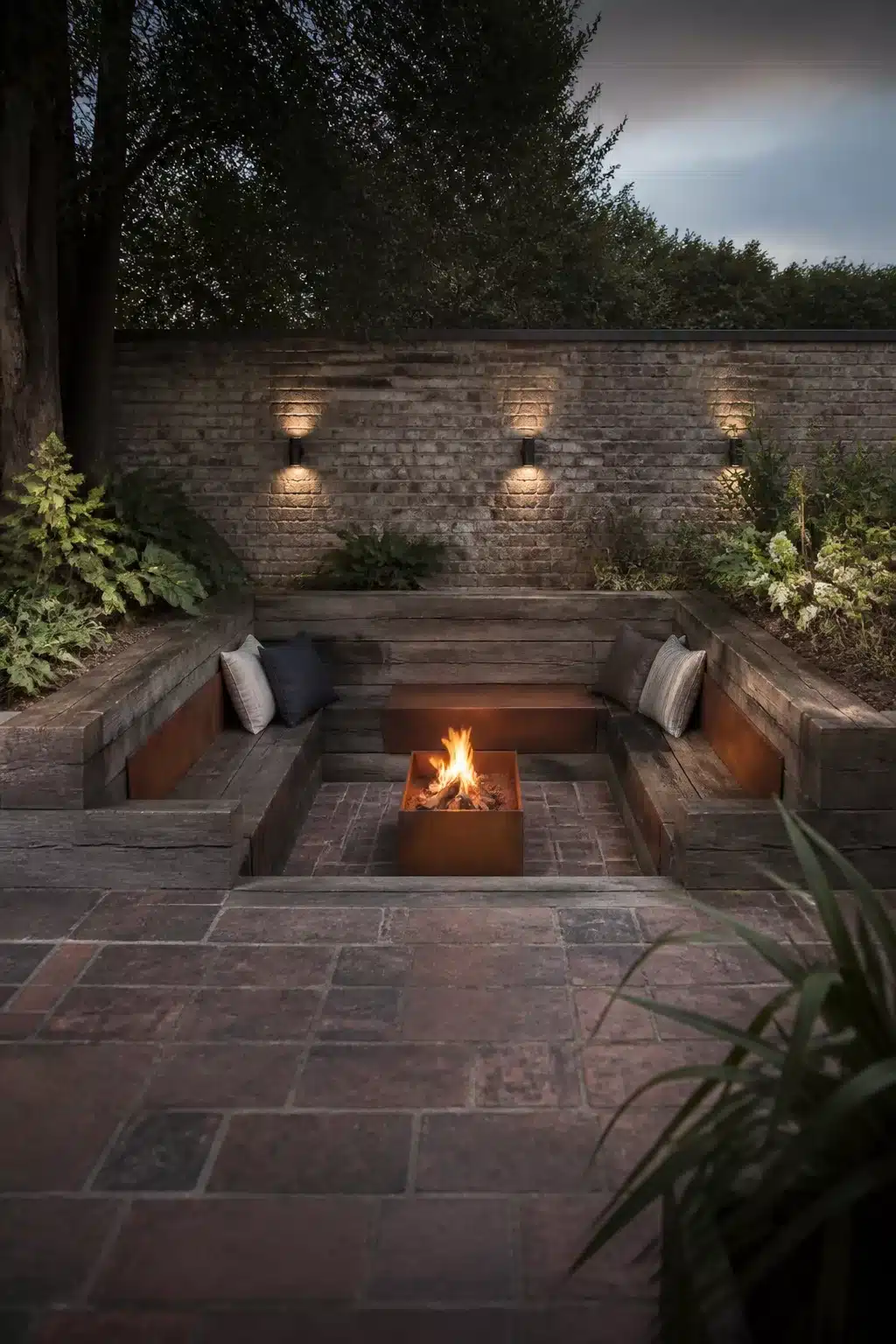Sunken garden fire pit with railway sleeper bench seating, corten steel insert and wall lights at dusk.