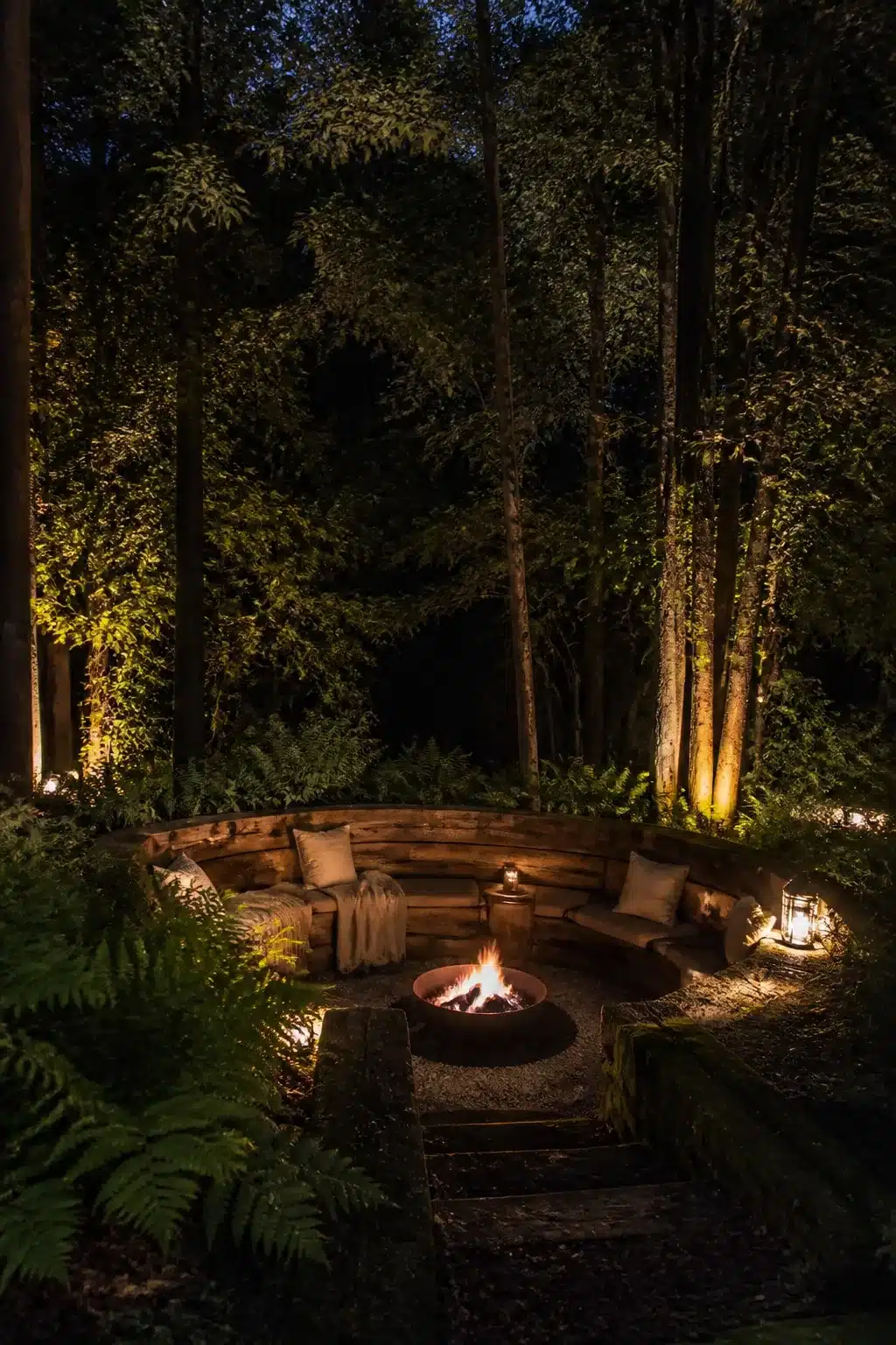 Sunken fire pit with curved wooden sleeper seating in a woodland garden at night with uplighting.