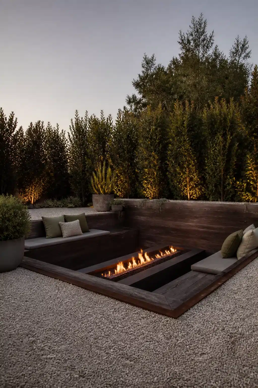 Sunken rectangular fire pit framed by dark timber sleepers in a modern garden at dusk.