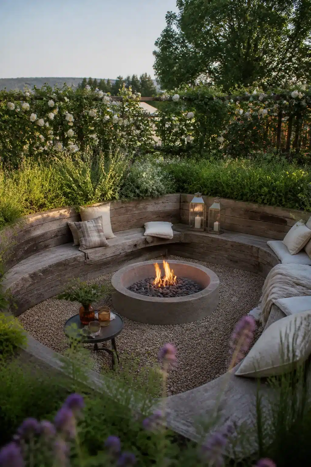 Sunken circular fire pit with weathered sleeper seating, gravel floor, and white climbing roses in a cottage garden.