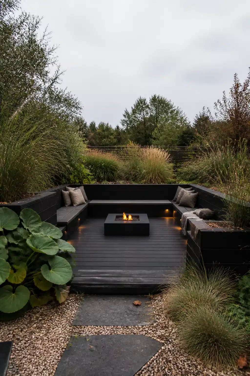 Sunken garden fire pit with dark-stained timber sleepers, built-in bench seating, and ornamental grasses.