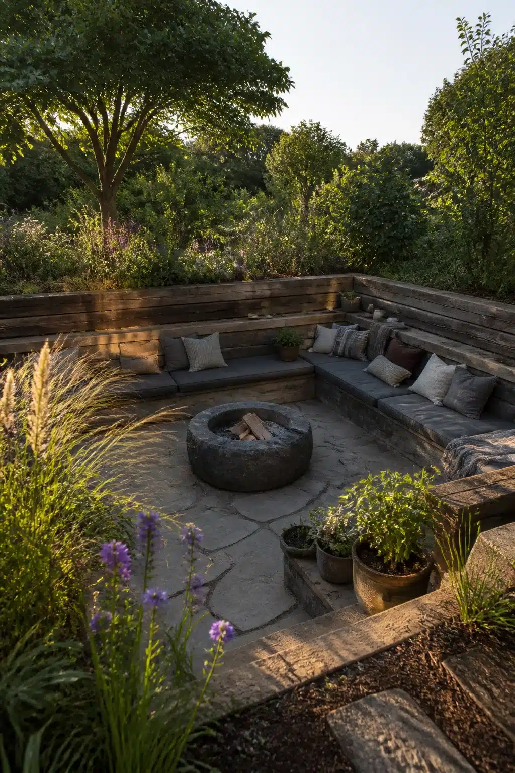 Sunken garden fire pit with timber sleeper walls, flagstone paving, grey cushioned seating and lush planting backdrop.