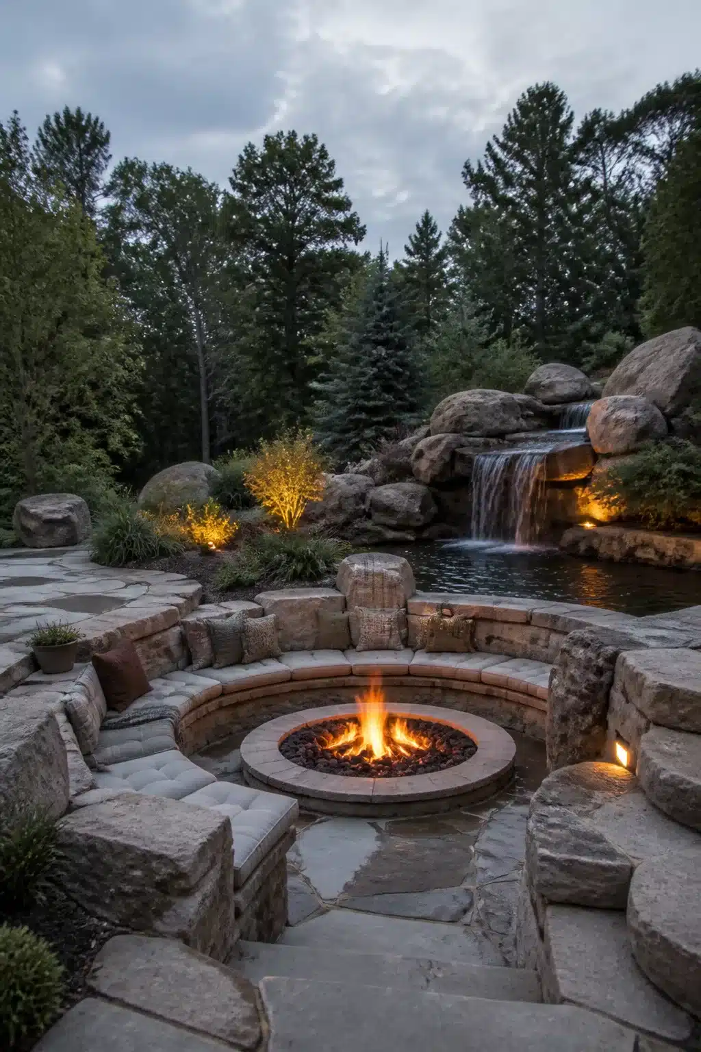 Sunken circular stone fire pit with cushioned seating and cascading rock waterfall pond in backyard at dusk.