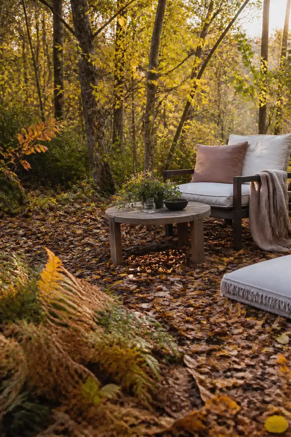 Wild woodland garden autumn seating area with golden leaf litter, lounge chair, and naturalistic planting.