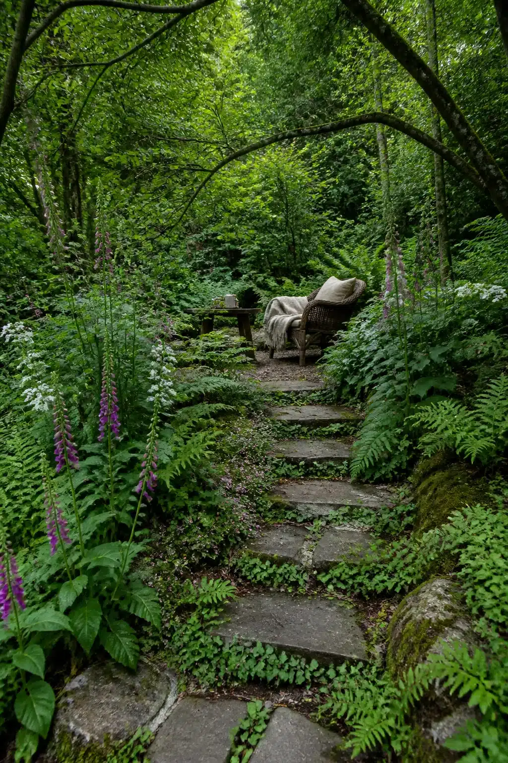 Mossy flagstone steps lined with ferns and foxgloves leading to a wicker chair in a wild woodland garden.