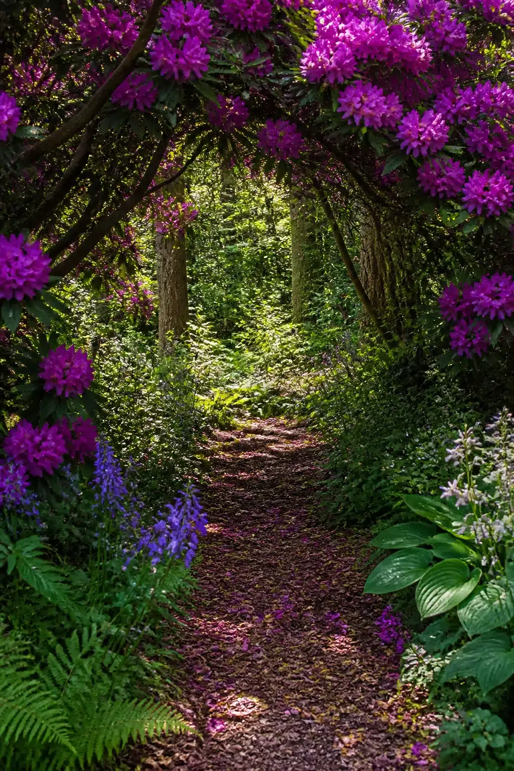 Purple rhododendron arch over a bark path in a wild woodland garden with bluebells and hostas