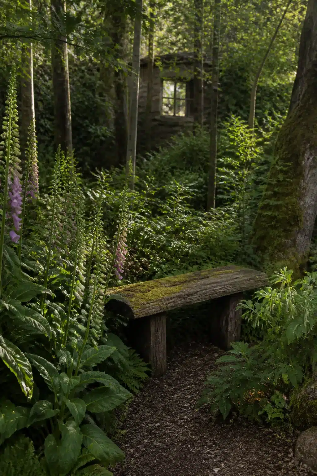 Moss-covered log bench on a bark path surrounded by foxgloves and ferns in a wild woodland garden