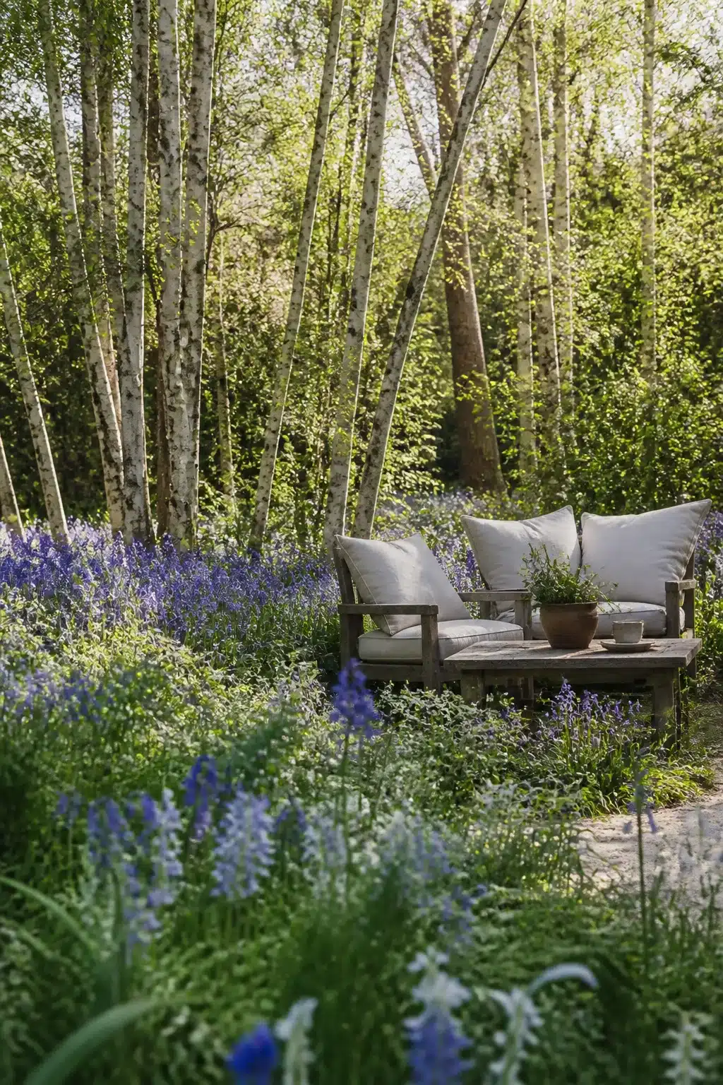Wild woodland garden with bluebell drifts under silver birch trees and a linen sofa seating area