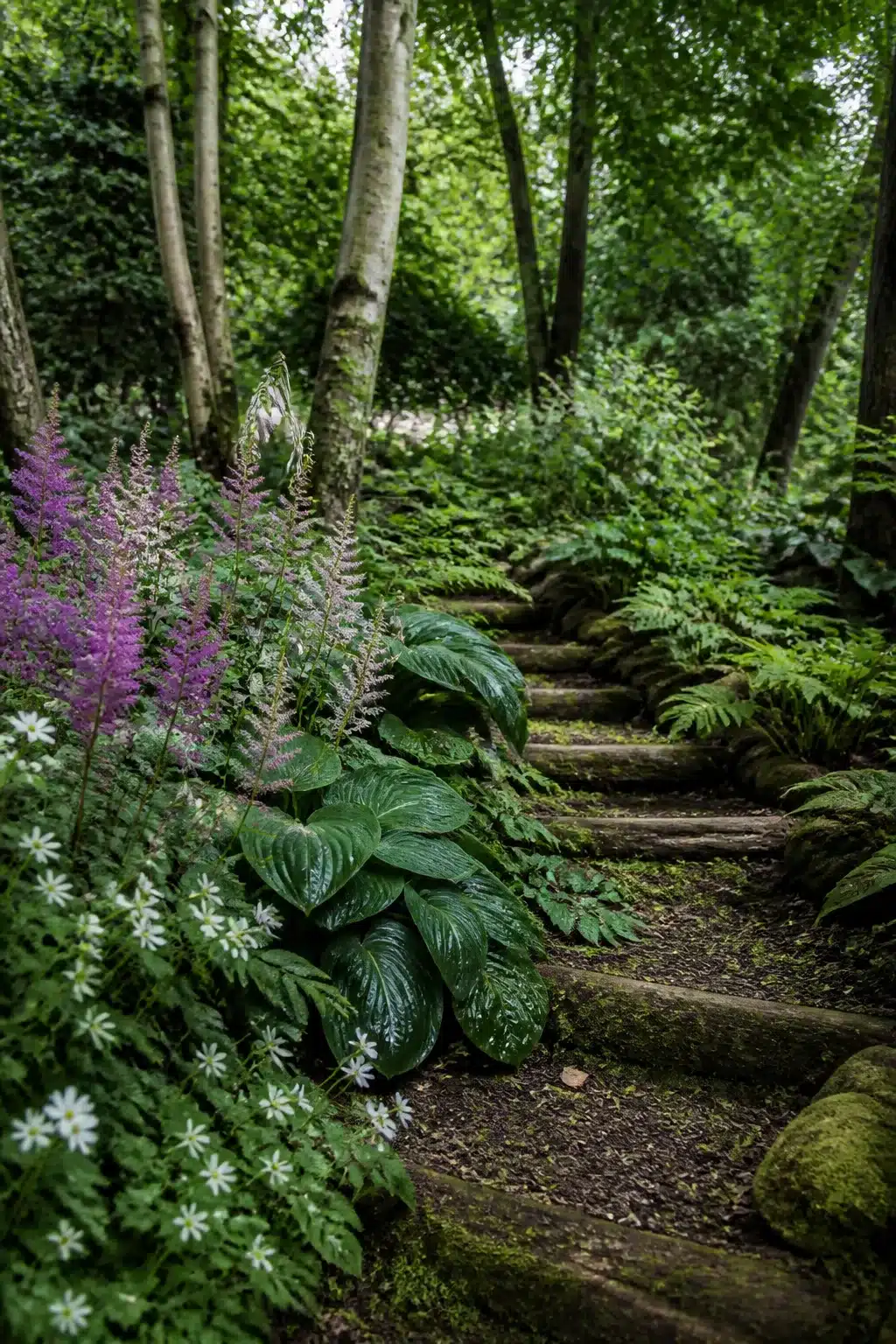 Mossy log steps edged with hostas, astilbe, and ferns in a wild woodland garden with naturalistic shade planting.
