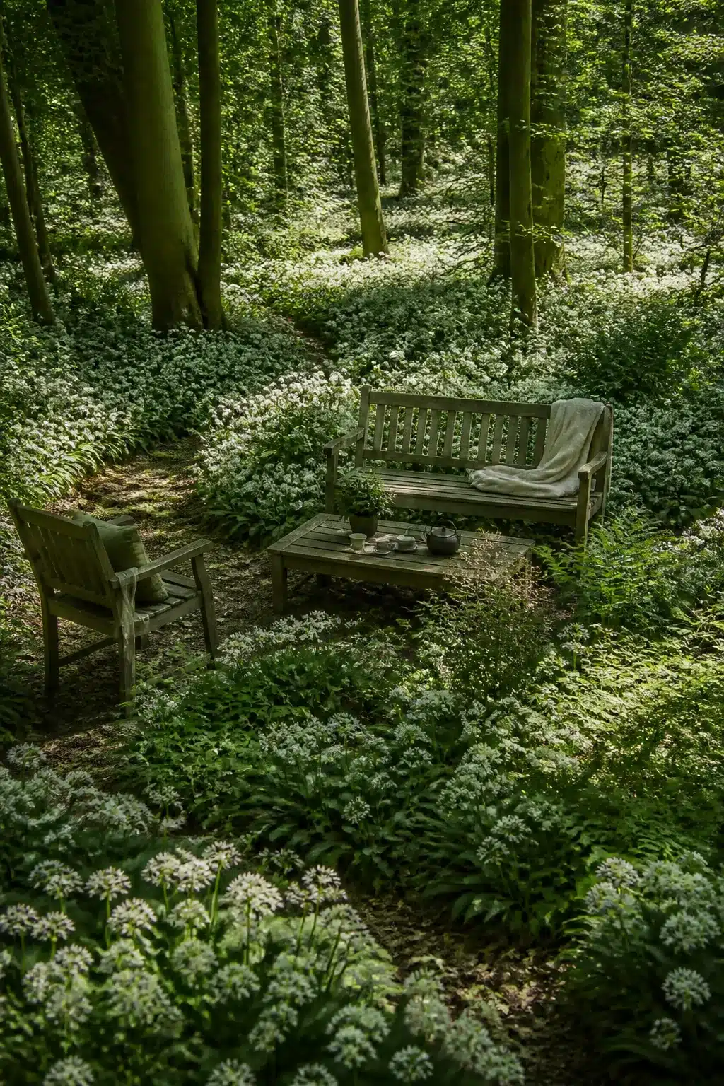 Weathered teak bench surrounded by wild garlic carpet in a wild woodland garden in spring