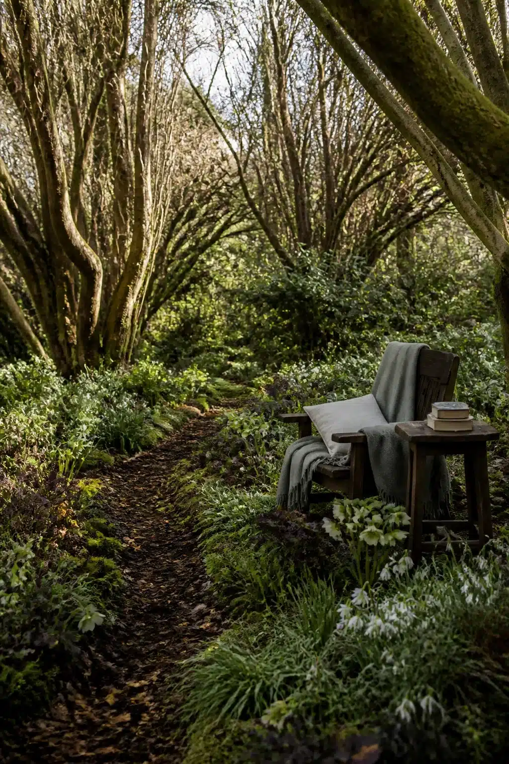 Wild woodland garden with snowdrop drifts, twisted bare trees, leaf-mulch path, and a draped armchair in dappled light.