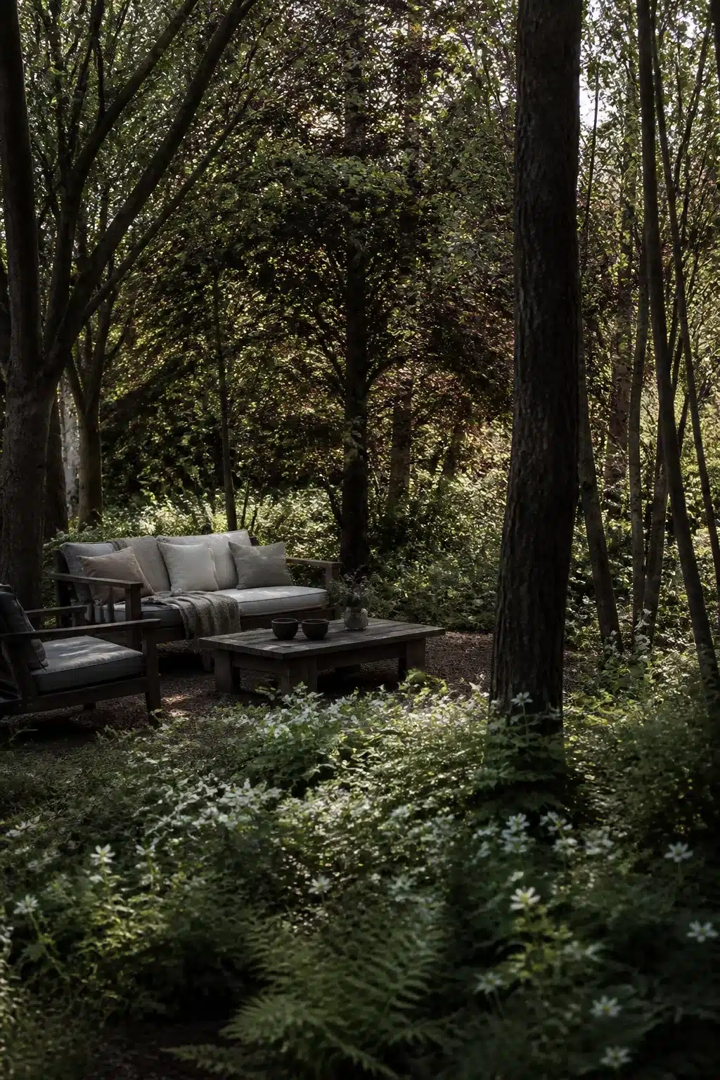 Wild woodland garden with dark tree trunks, white anemones, ferns, and outdoor seating in a naturalistic setting.