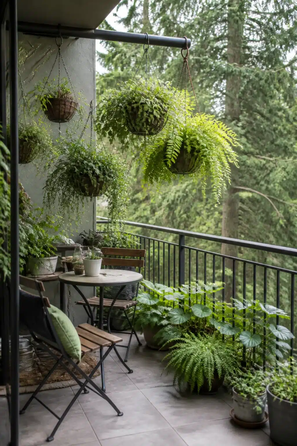 Fern-filled hanging baskets on a woodland balcony garden with bistro seating and lush shade planting.