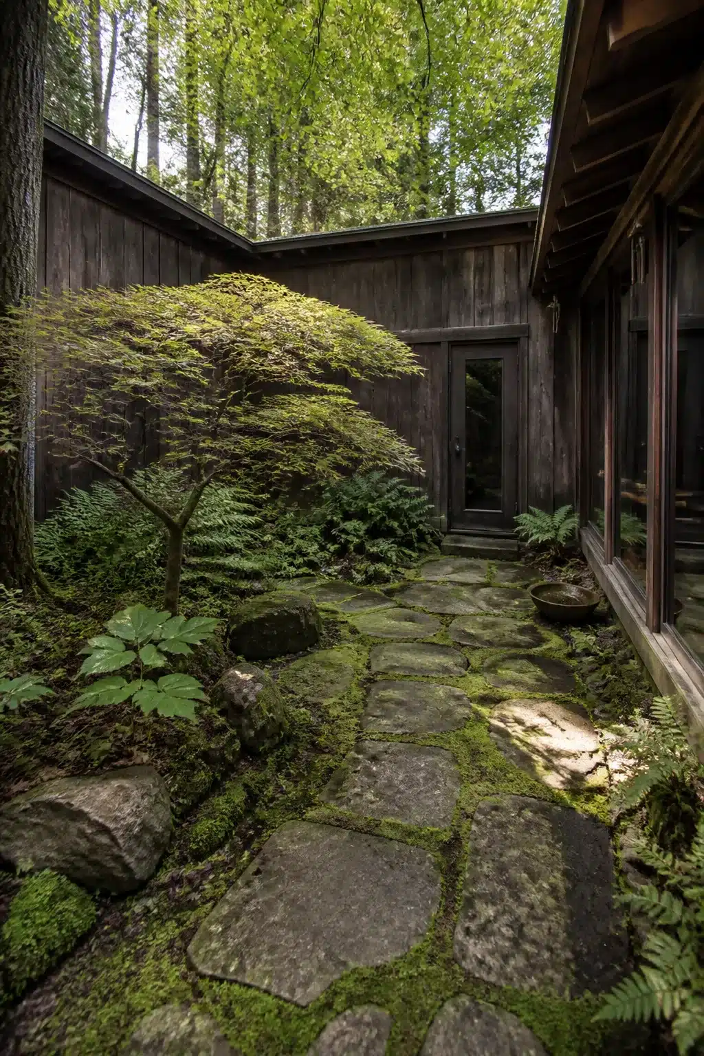 Moss-jointed flagstone courtyard floor with Japanese maple in a shaded woodland courtyard garden