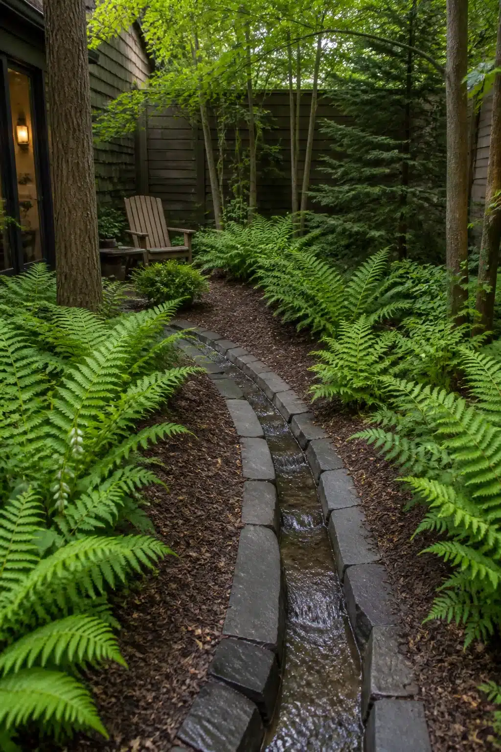 Slate water rill edged with ferns and bark mulch in a shaded woodland courtyard garden.