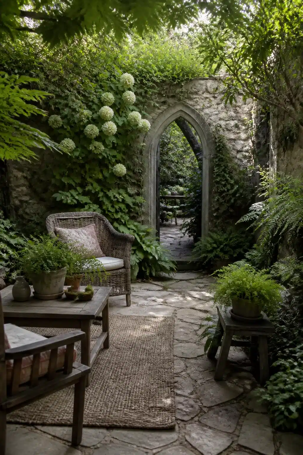 Gothic arched stone doorway with wicker chair and hydrangeas in a shaded woodland courtyard garden