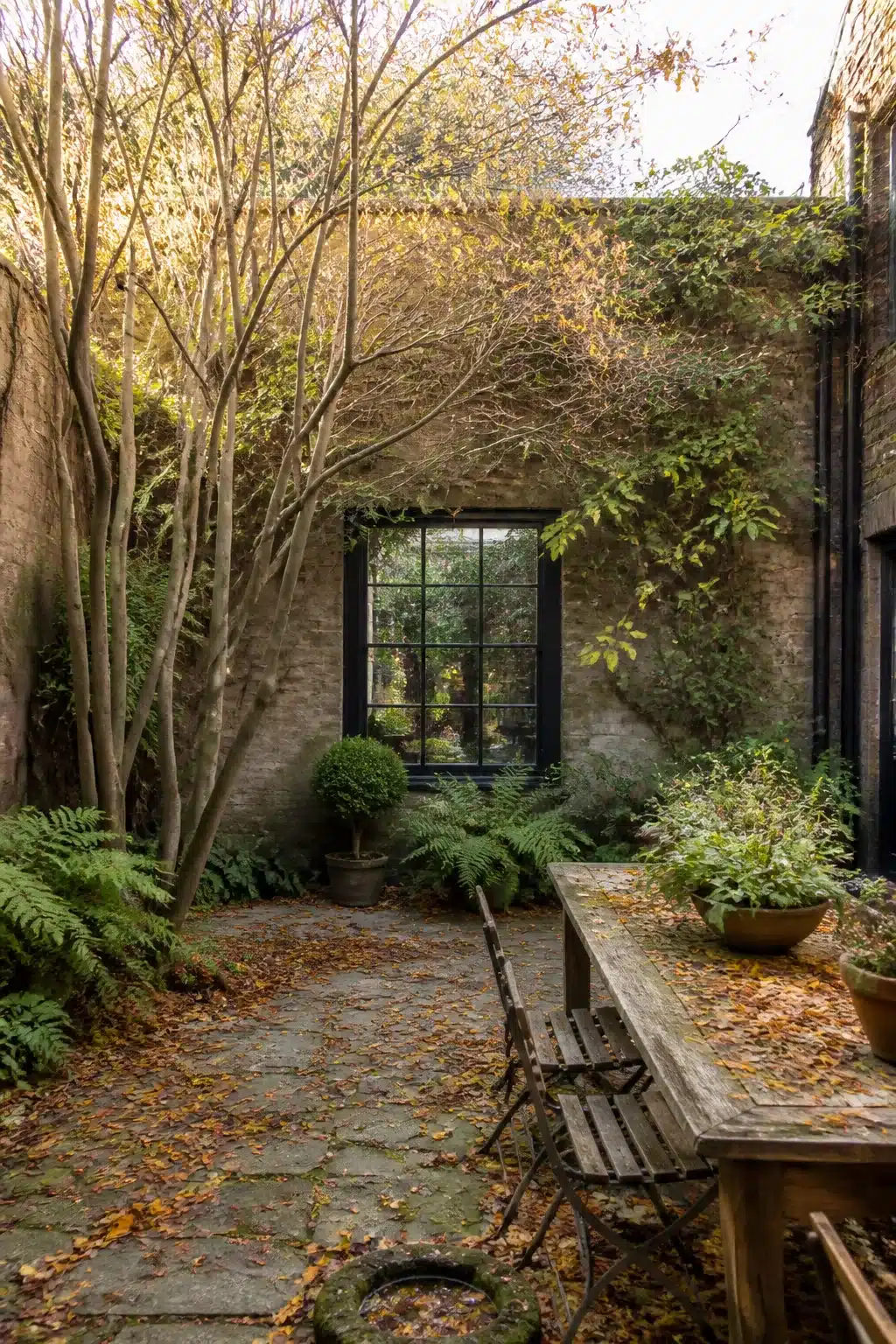 Woodland courtyard garden in autumn with fallen leaves, weathered teak dining set, ferns, and brick walls.