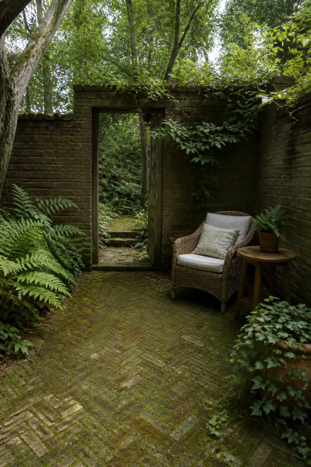 Moss-jointed reclaimed brick herringbone floor in a wicker chair woodland courtyard garden with ferns and ivy walls